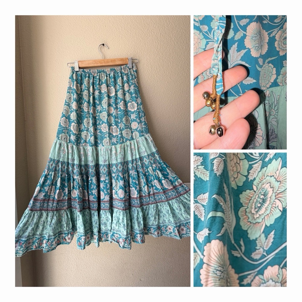 Arnhem Clothing Azalea Teal Floral Boho Tiered Maxi Skirt Tencel US 4 Aus8 Small